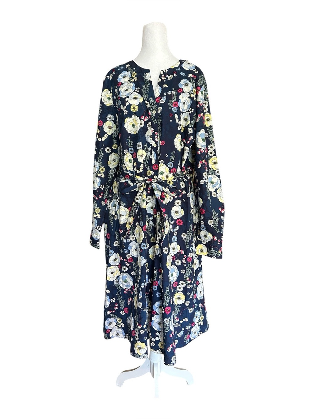 Talbots Falling Blossoms Cotton Belted Midi Shirt Dress India Ink Blue Sz 18